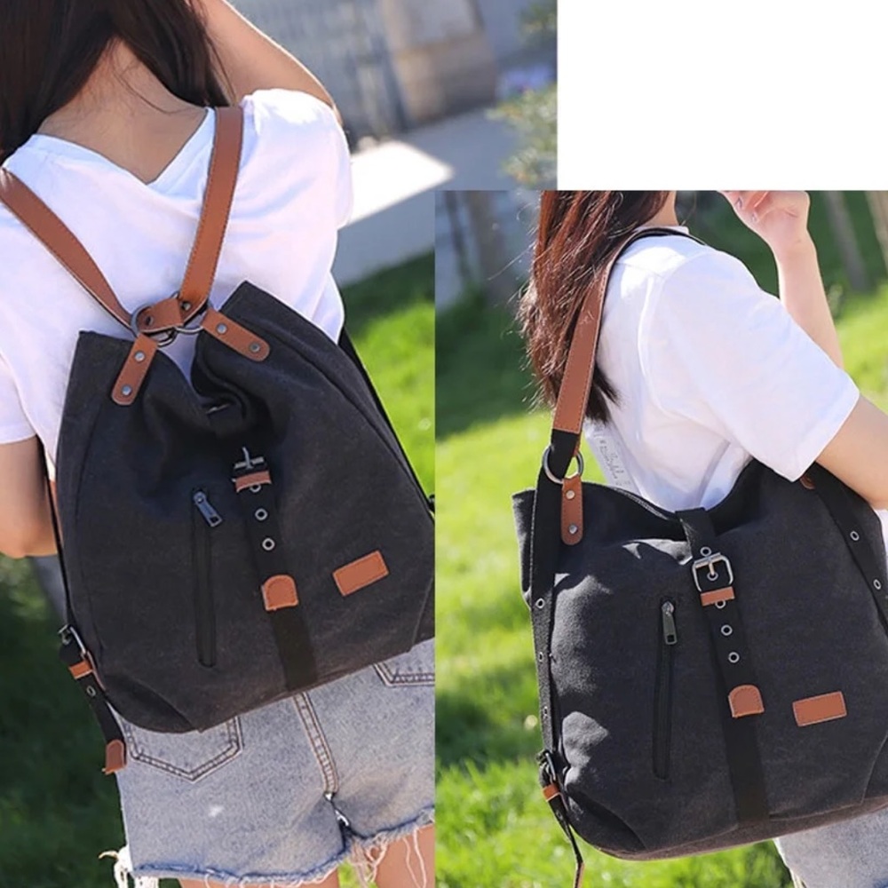 Canvas Tote Shoulder Bag School Convertible Backpack Navy Blue Brown Accents